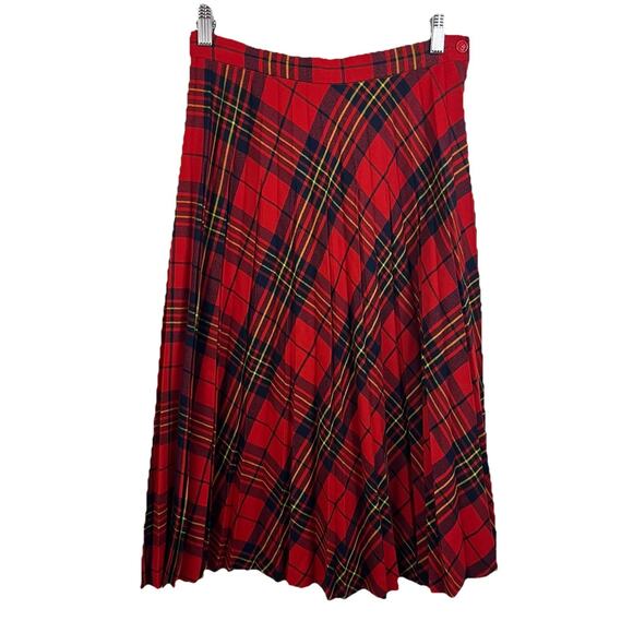 Vintage 80s 90s Partners Flannel Pleated Maxi Skirt Womens 12 Red Plaid Academia - Picture 1 of 4